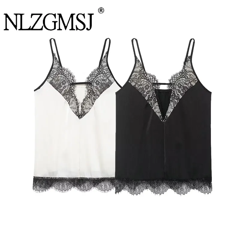 NLZGMSJ Dünnes Damen-Camisole 2026 Sommer V-Ausschnitt Ärmellos Schlank Durchsichtig Spitze Patchwork Crop Top Camis Y2K