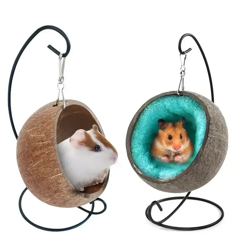 Hamster Coconut Bed Natural Coconut Hamster Hideout Hammock Suspension Coconut Husk Hamster Bed House With Warm Pad Small Animal