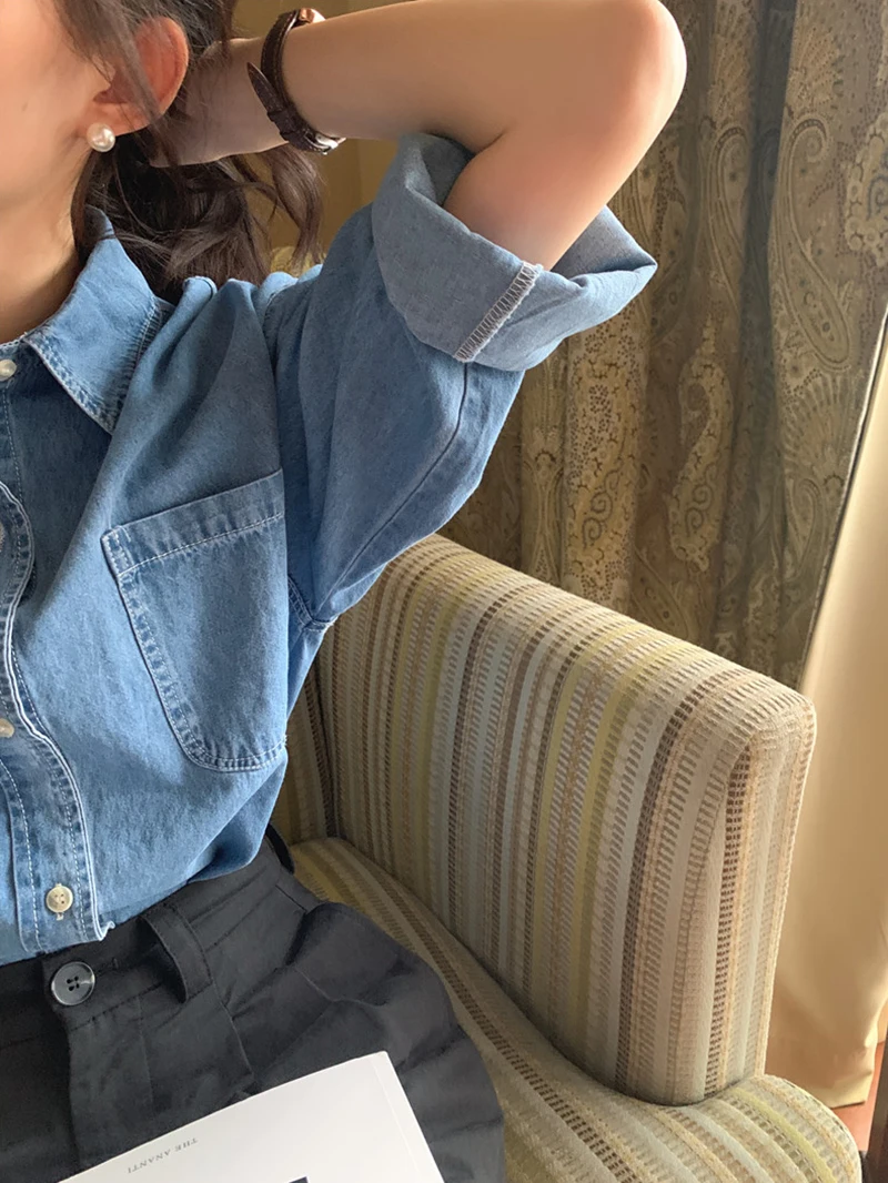 

Korean Sle Chic Collar Long Sve Single Button Jeans irt Women's Design Layering Top Casual Commute Pure Color