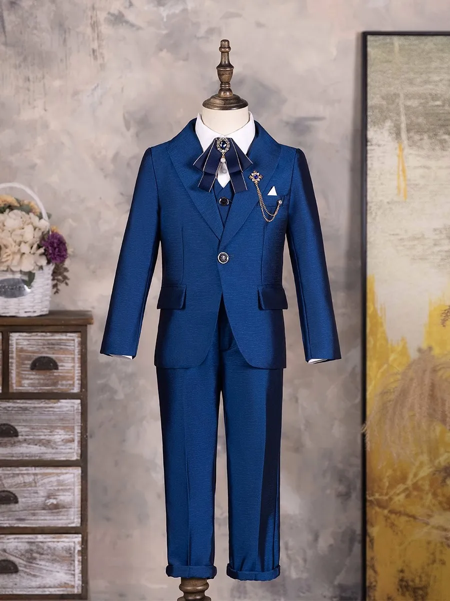 Children Shiny Blue Suit For Wedding Boys Formal Ceremony Tuxedo Dress Teenager Kids Photograph Blazer Party Performance Costume