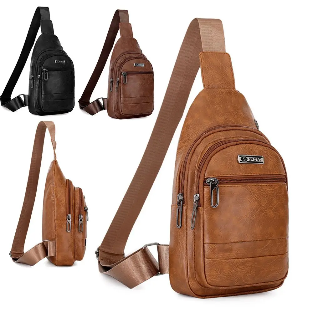 Fashion Men Bags Leather Chest Shoulder Crossbody Bag Zipper Pack Sling Shoulder Bag Outdoor Travel Bags