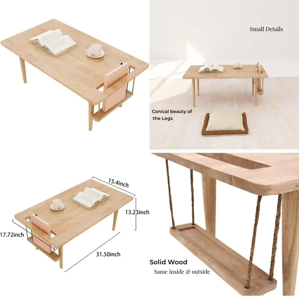 Mid Century Modern Wooden Mini Swing Table, Japanese Style Low Floor Desk, Solid Wood Side Table with Storage