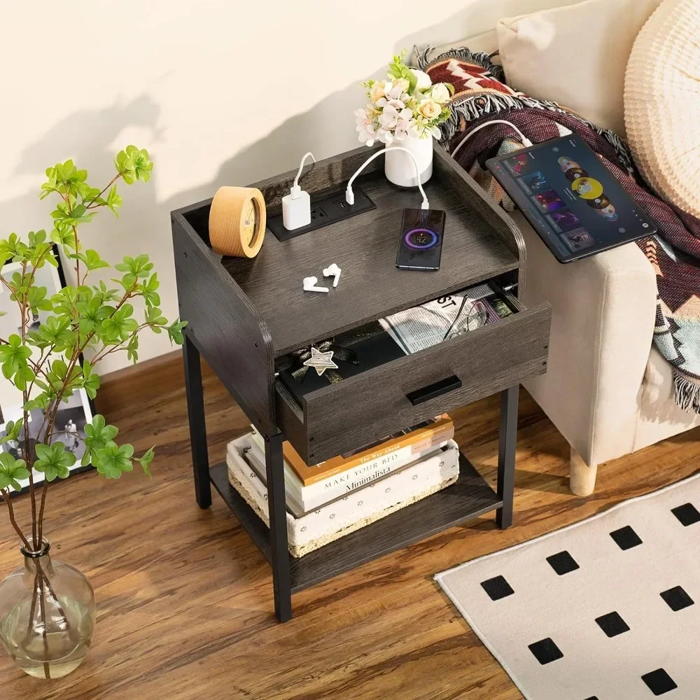 Nightstand 3-Tier Small End Side Table with Charging Station and USB Ports Storage Drawer