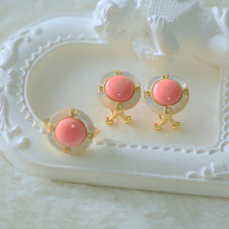 

s925Silver Inlaid Mother-of-Pearl Series Queen Shell Rouge Conch Ring Earrings Gift