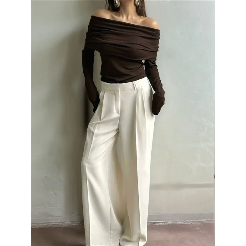 Schulterfreier Langarm-Body für Damen, schlankmachender Body, Oberteil, durchsichtiges Netz, gerüschte Outfits-A55G