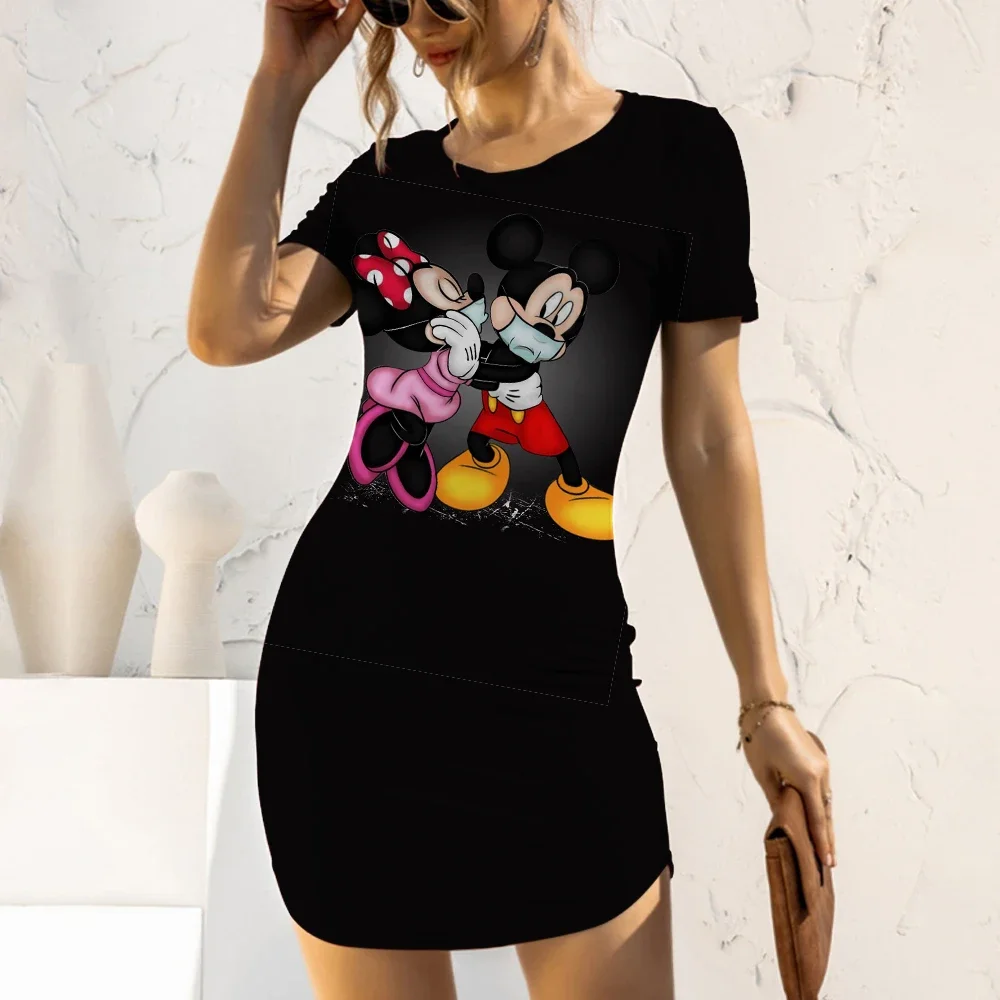 2024 New Disney Mickey Mouse Print Dress Women Summer O Neck Tight Skirt Ladies Casual Dress Fashion Cartoon Age Reducing Dress