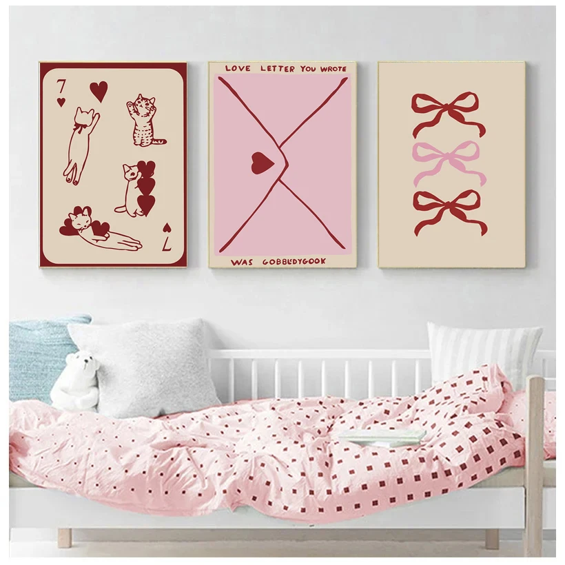 Cuadro Decorativo de Pared con Gato y Lazo, sobre con Carta de Amor Rosa, Impresión en Lienzo, Pintura Moderna, Póster para Habitación de Niñas, Sin Marco