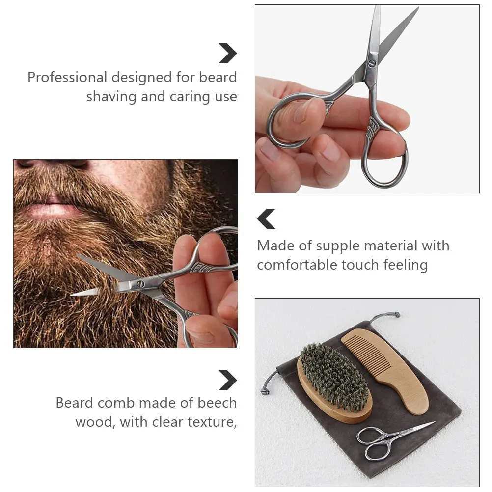 1Set Professional Beard Care Set for Men Includes Wooden Beard Comb Brush Scissors Portable Travel Kit in Cloth Bag Gift Ready