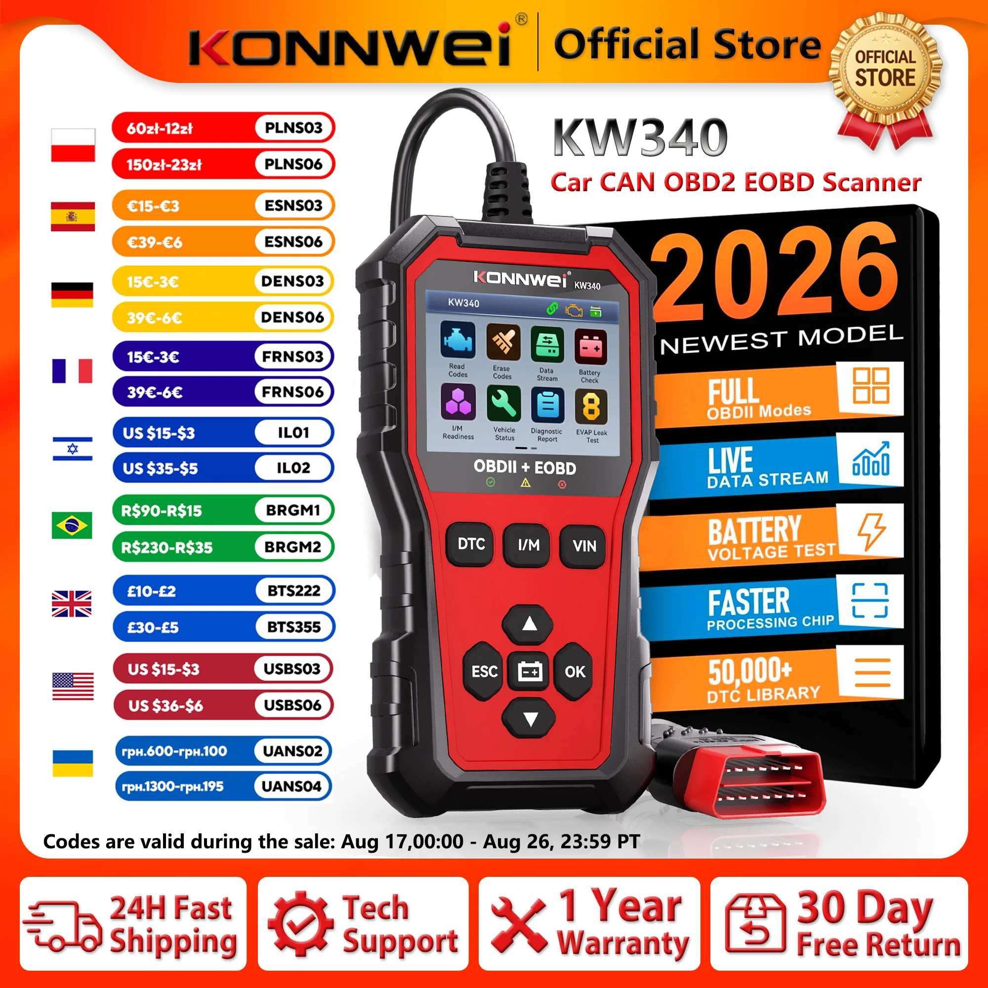 2026 KONNWEI KW340 Scanner Automotivo CAN OBD2 EOBD Ferramenta de Diagnóstico Teste de Motor e Bateria Leitura e Limpeza de Códigos de Falha Função de Dados em Tempo Real