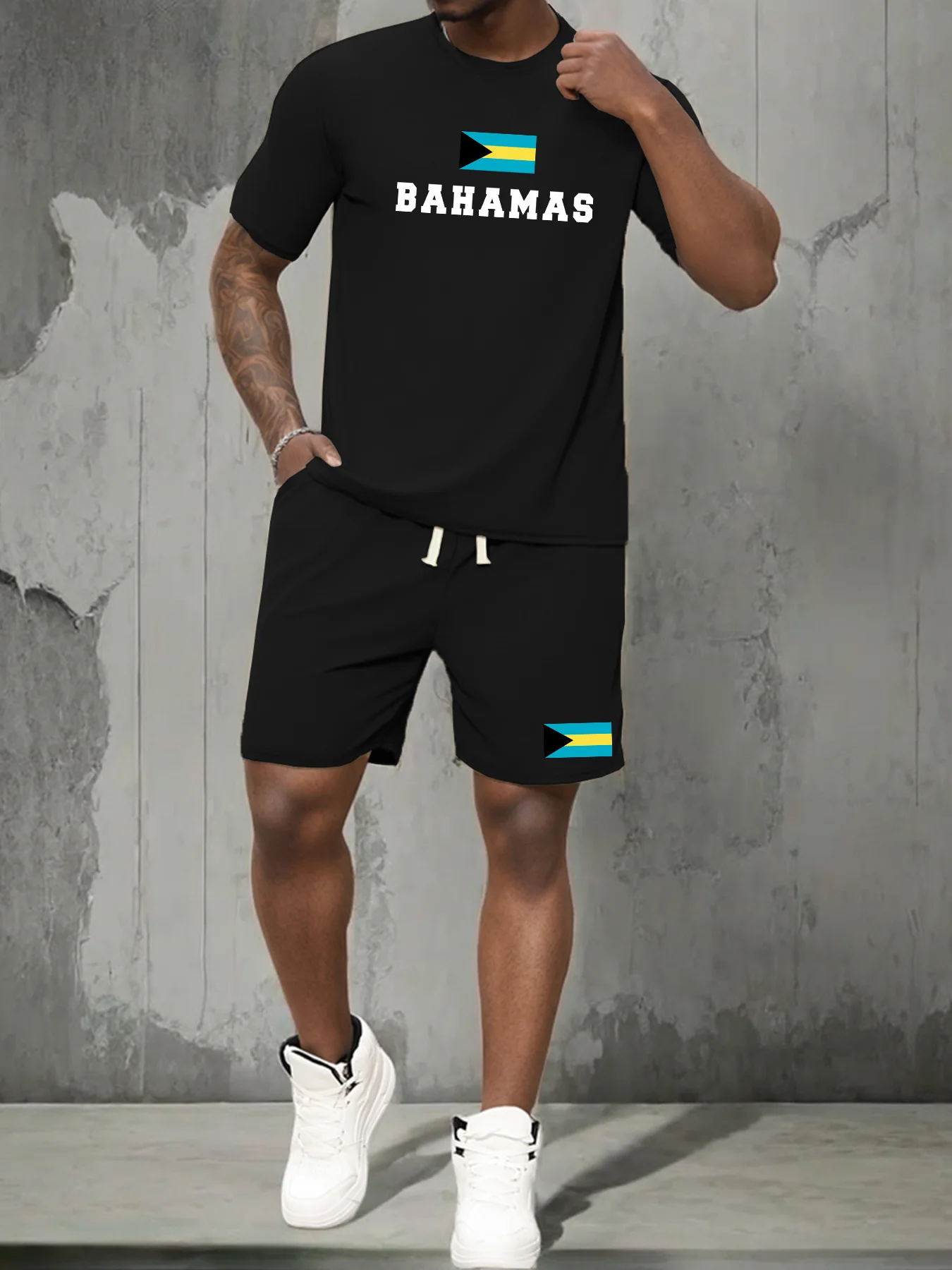 2024 New Summer Men's T-shirt Two-piece Bahamas Flag Monogram Print Simple Style Casual Outdoor Sportswear For Men