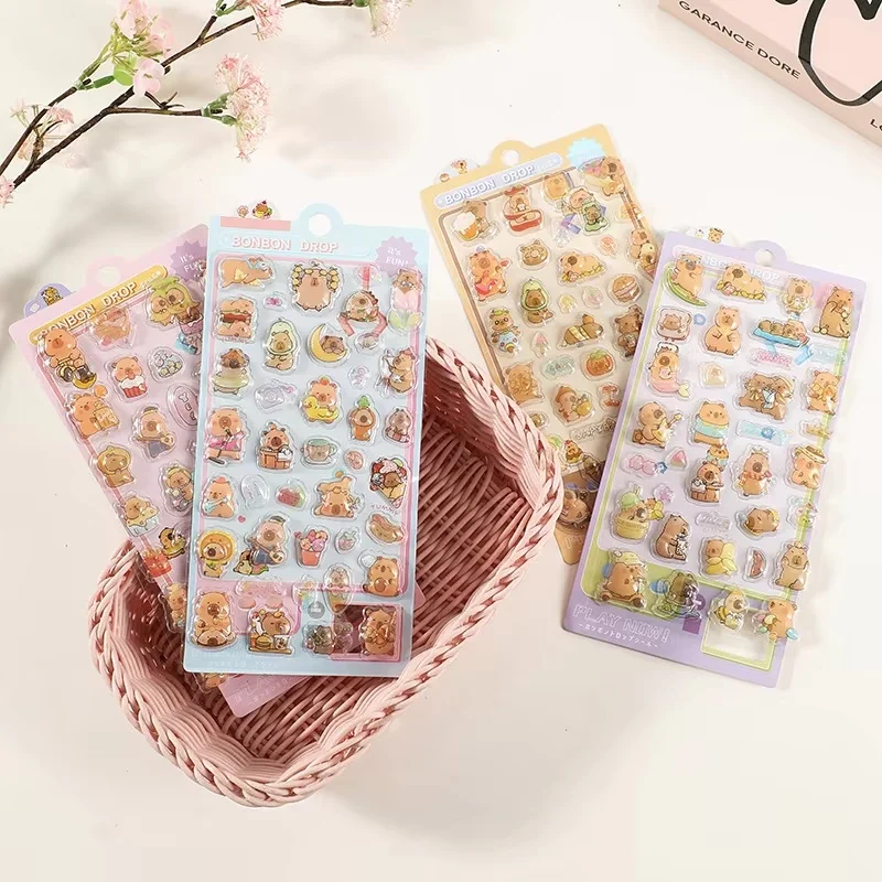 Naklejki 3D z efektem relife z kapibarą, urocze kreskówkowe zwierzątka, dekoracja, gąbka, dostępne od ręki, zabawki dla dzieci i hobby, kolekcja figurek akcji.