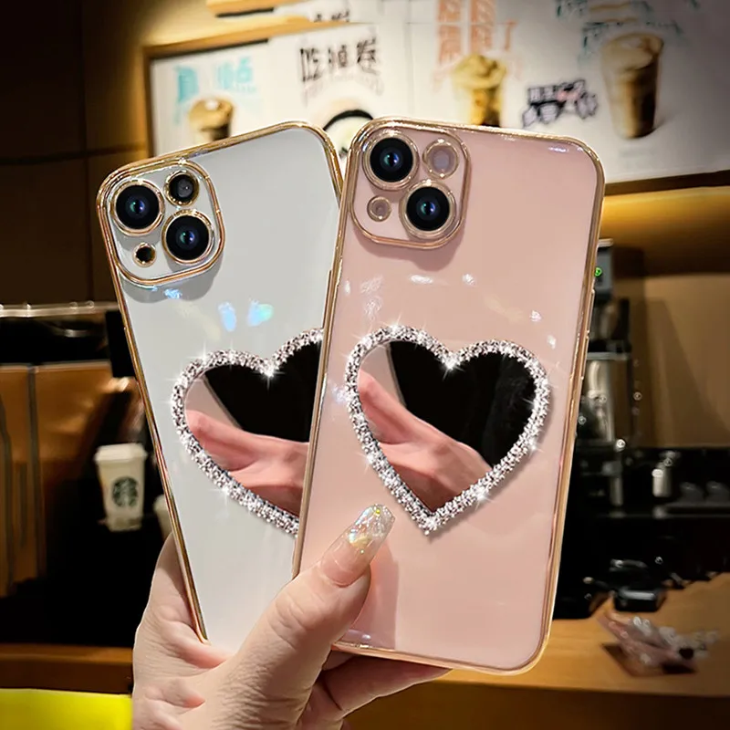 Luxury Heart Mirror Phone Case For iphone 15 14 pro max Plating Soft Cover for iphone 12 pro 13pro max 11 pro X XR 7 8 plus