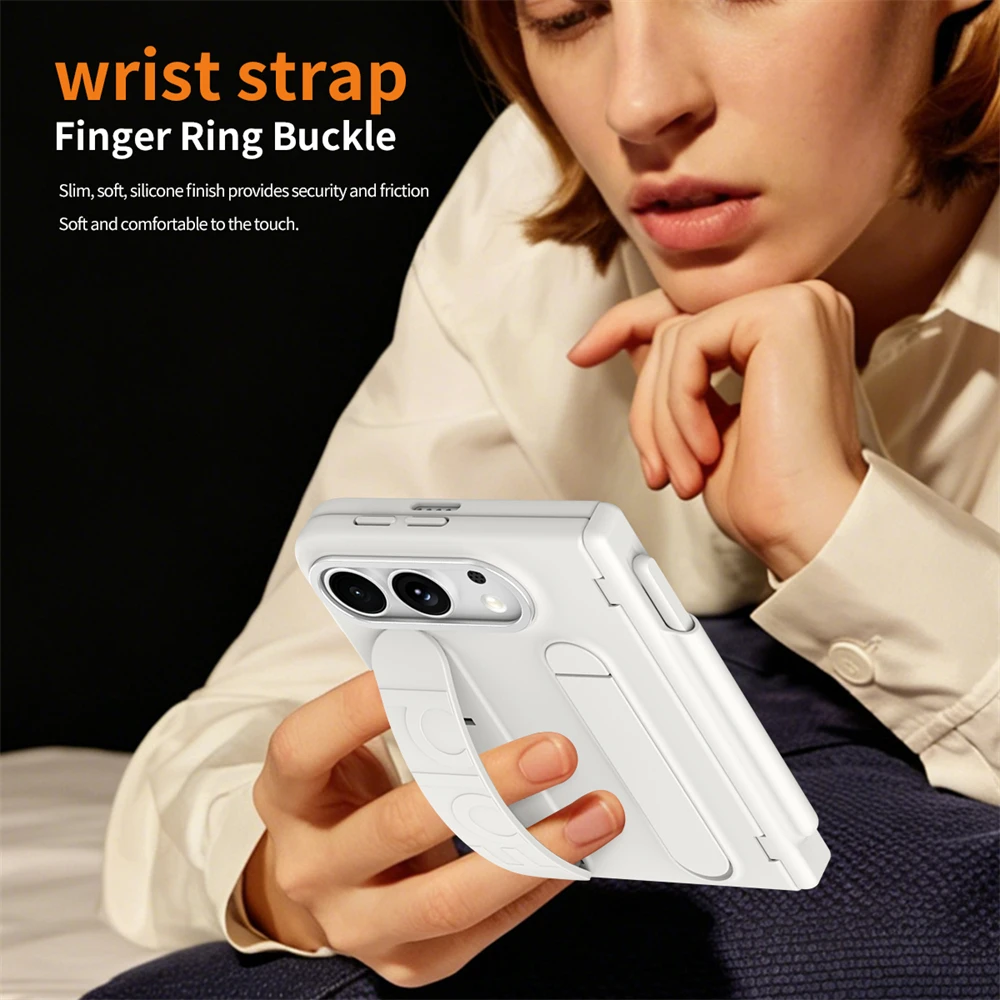 Wristband Bracket Pencil Slot Skin Feel Film-Integrated Case for iPhone Duo Fold Wide Shockproof Hinge Protection‌ Cover