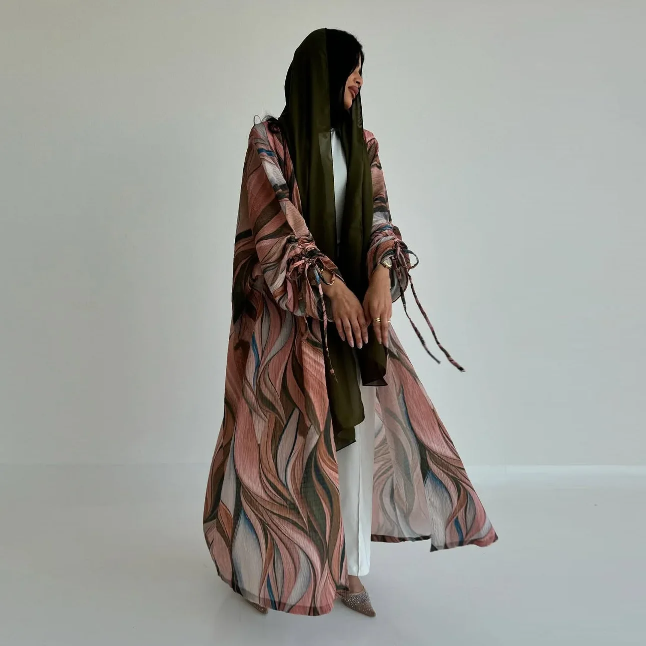 프린트 오픈 가디건 미들 두바이 가디건 패션 코튼 린넨 이스트 아바야 커프 드로스트링 무슬림 여성 로브