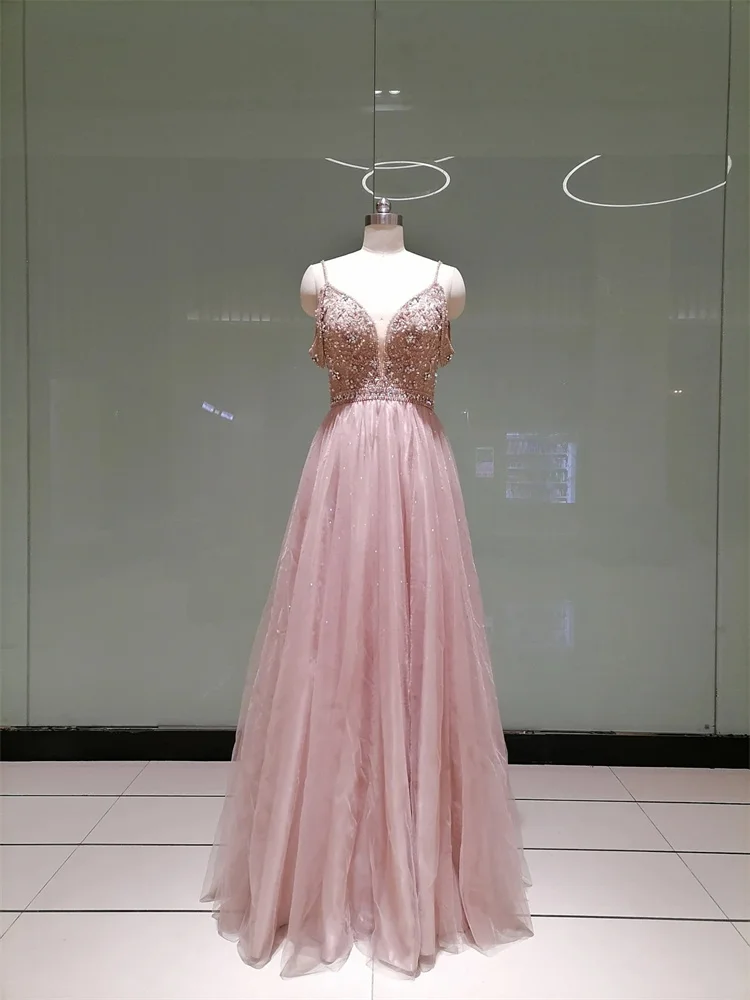 A-Line Pink Prom Dress Elegant Sweetheart Spaghetti Strap Sleeveless Backless Floor Length Tulle Party Gown With Embroidery