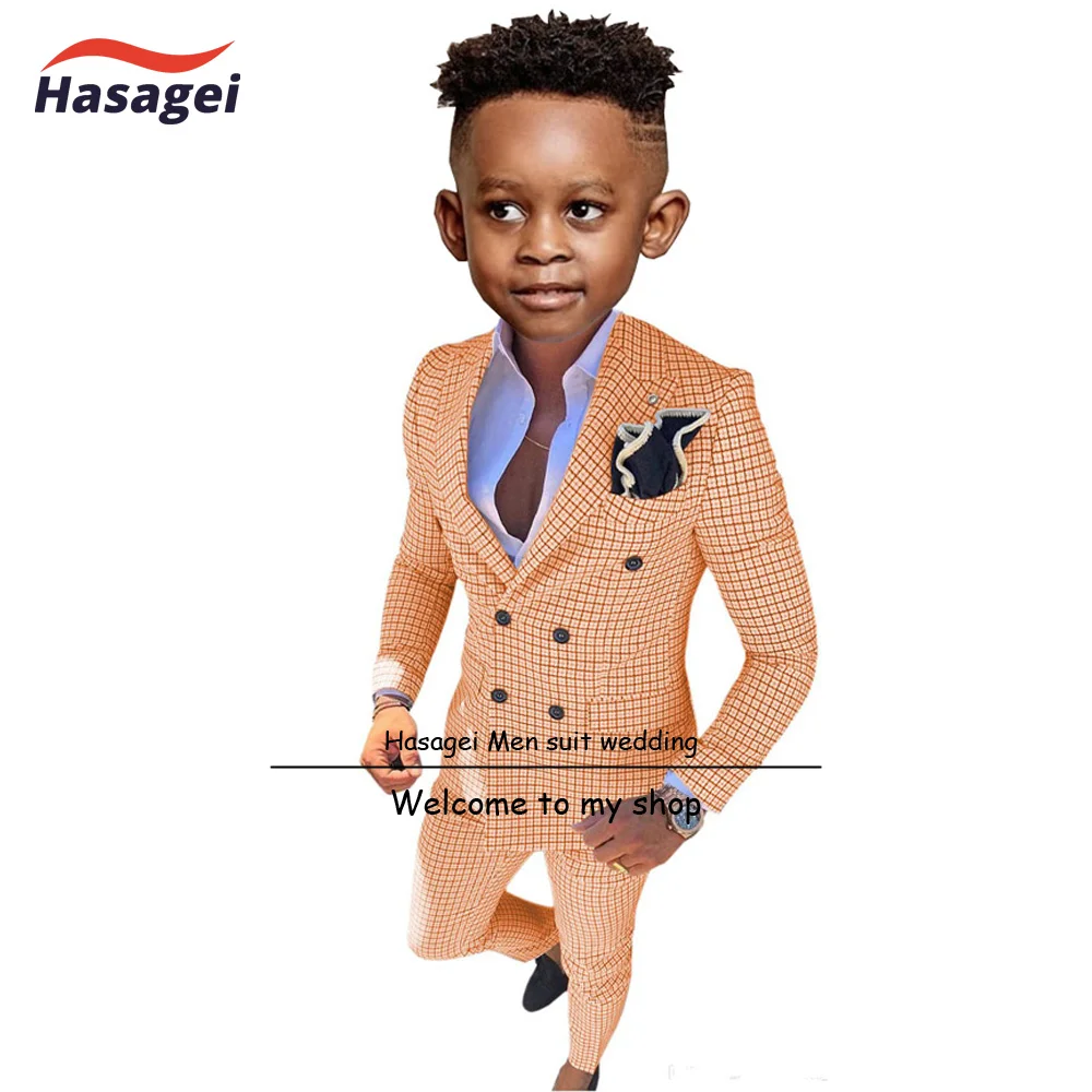 Terno xadrez de peito duplo para meninos, blazer formal para crianças, jaqueta e calça na moda, smoking de casamento, festa de 2 a 16 anos, 2 PCs