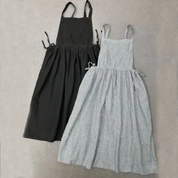 Johnature Japanese Style Mori Women Cotton Linen Camisole Dresses Large Skirt Drawstring Waistband French Long Camisole Dress