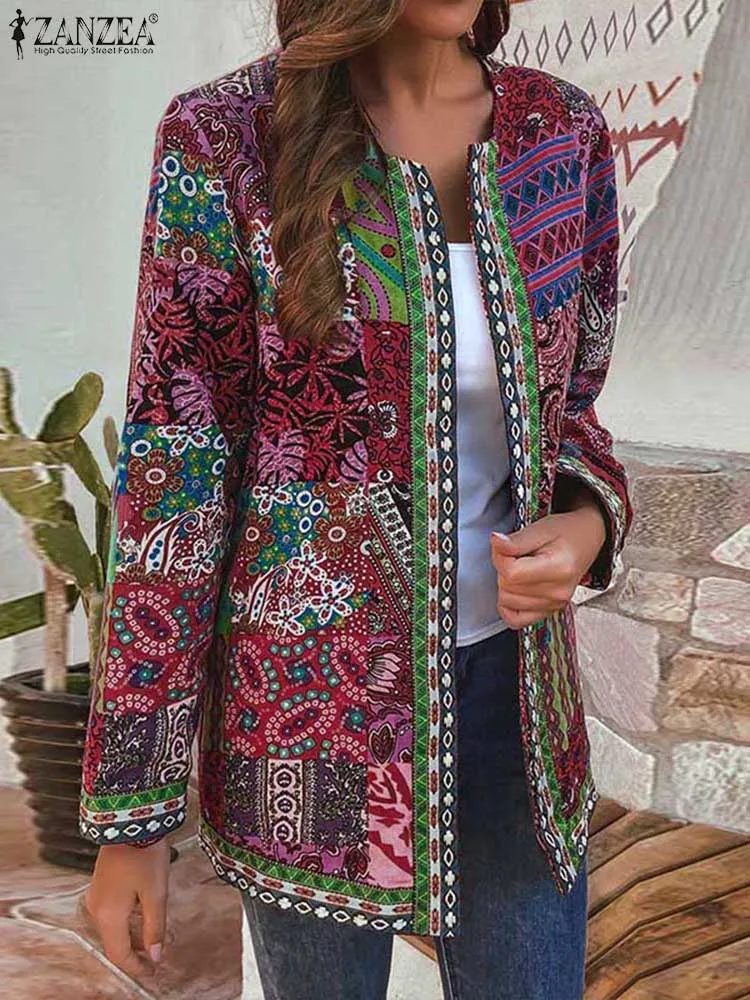 ZANZEA 2024 Fall Women Jackets Casual Ethnic Print Open Front Bohemian Cardigan Tops O Neck Long Sleeve Vintage Lined Outerwear