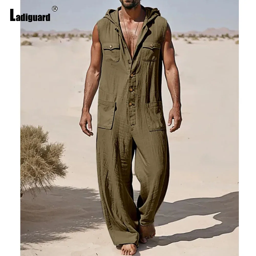 Men Stand Pockets Wide Leg Pants Cotton Overalls 2024 America Europe Style Casual Hooded Bodysuit Plus Size Mens Baggy Jumpsuits