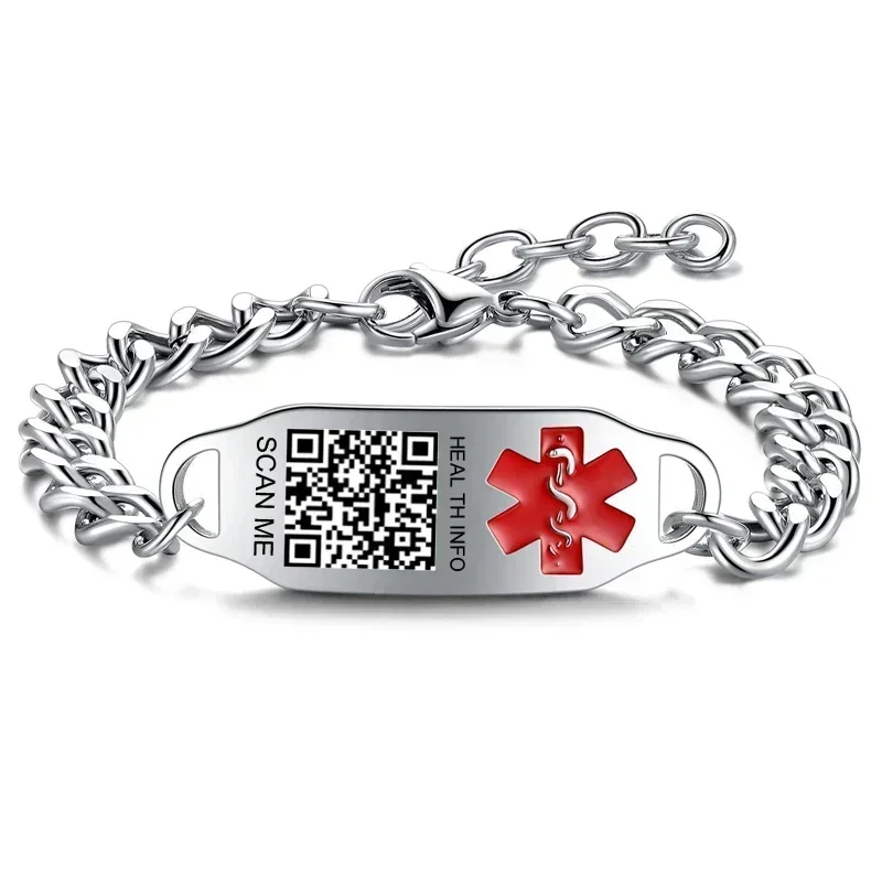 

Fashionable Stainless Steel QR Code Medical ID Bracelet with Free Engraving Emergency Rescue Alarm Wrist Band Jewelry Gift