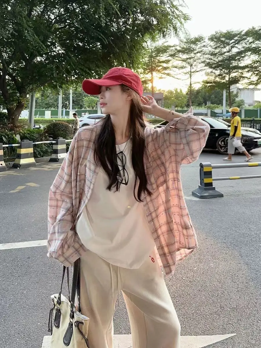 

Summer Women's Sun Protection Shirts 2025 New Long Sleeve Plaid Shirt Casual Sweet Girl's Tops Korean Fashion Ladies Thin Coat