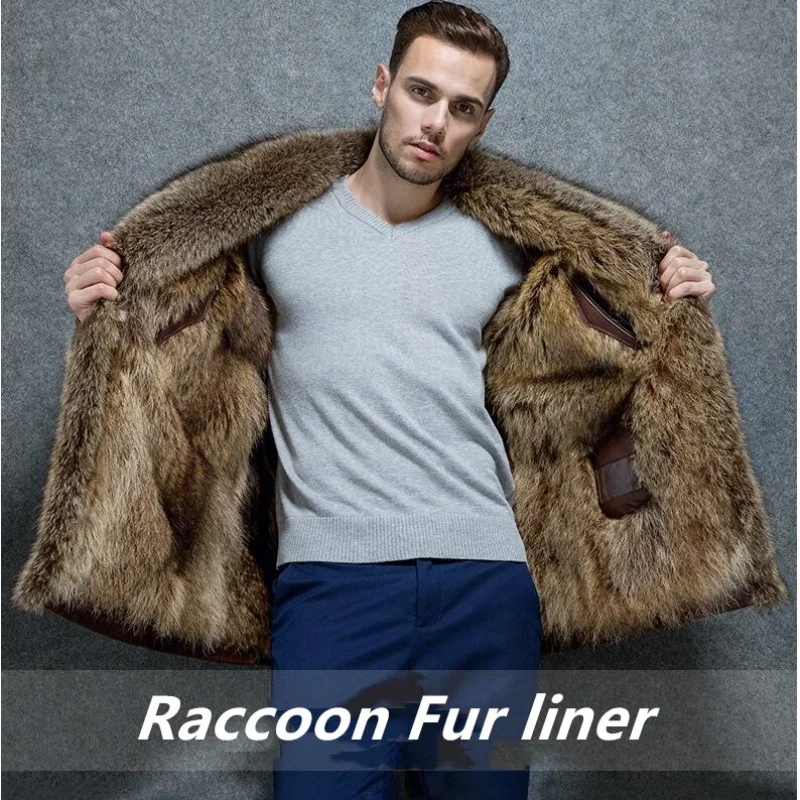 Mens Winter Cowhide Coat Real Raccoon Fur Collar Men's Genuine Leather Jacket Liner Jackets XXL