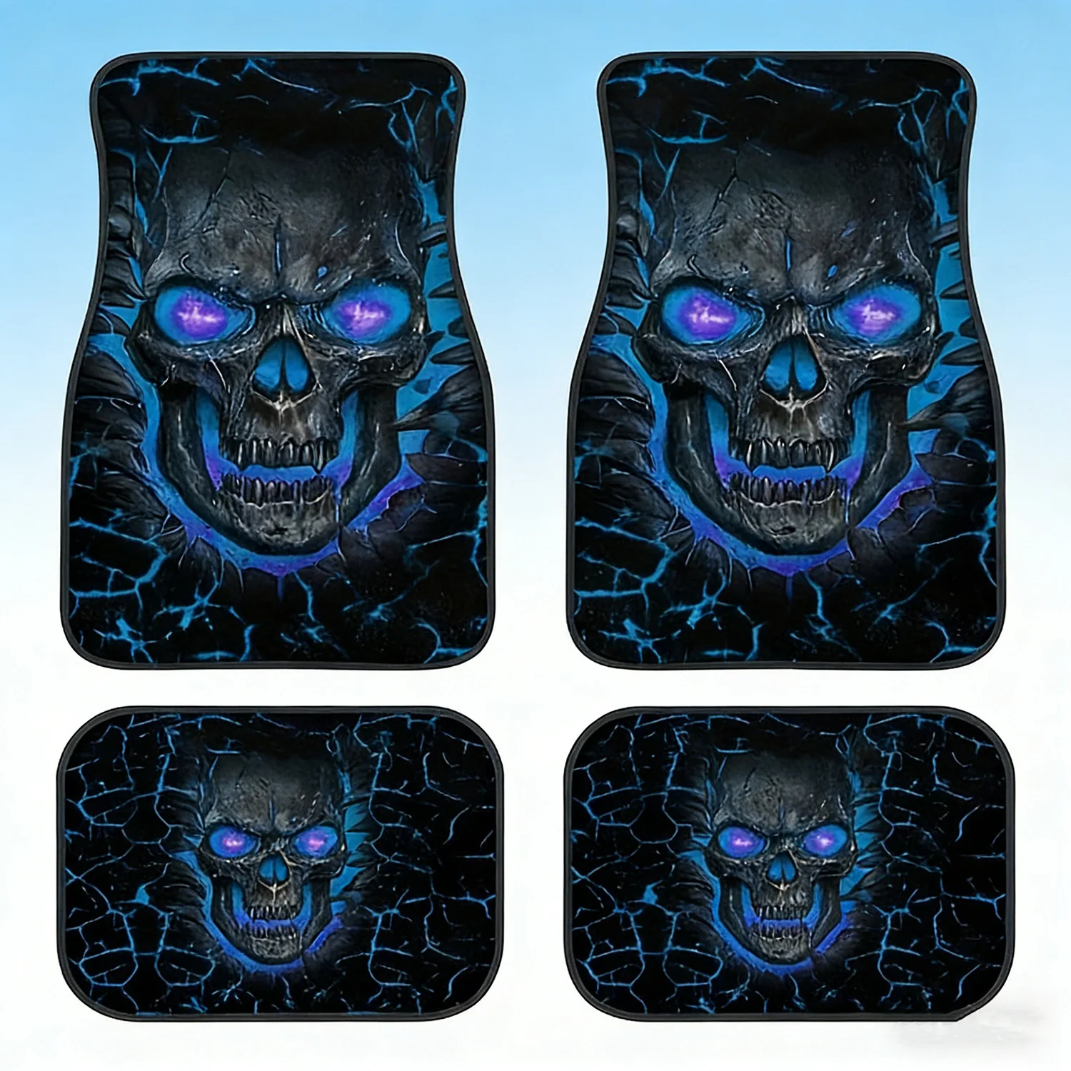 

4-Pack Double-Sided Skull Pattern Car Mats - Anti-Slip, Stain-Resistant, All-Weather, Universal Fit, Great Gift