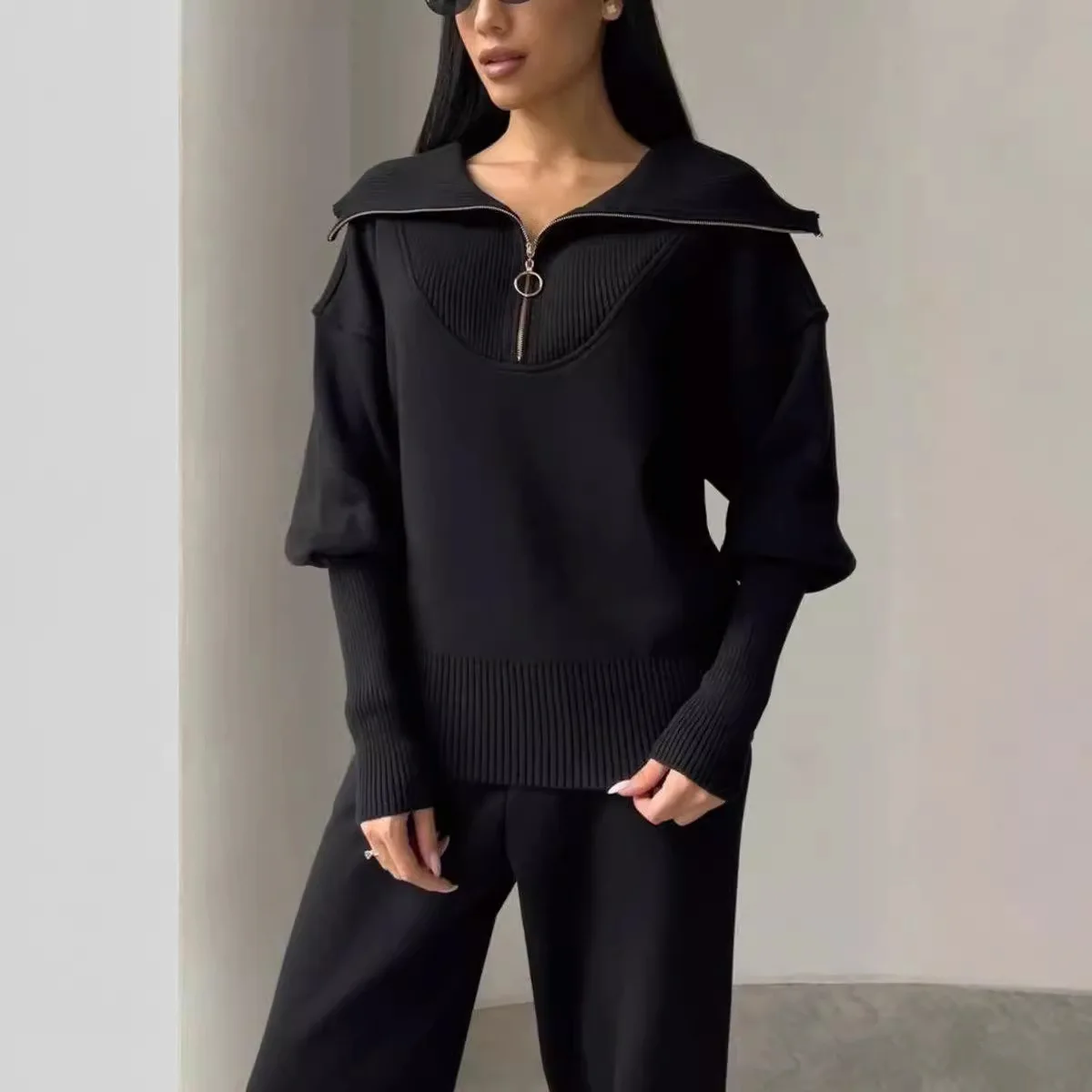 Women's Light Gray Half-Zip Collar Top & Jogger Pants Two-Piece Set Casual Loose Loungewear Comfortable Daily Outfit Fashion