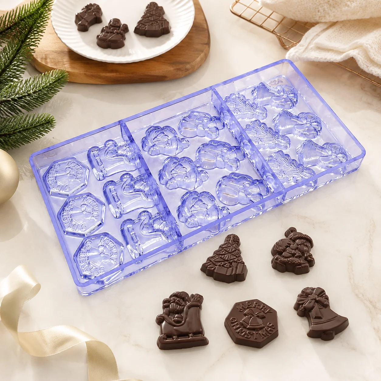Christmas Polycarbonate Chocolate Mold Santa Sleigh Tree Bell DIY Xmas Candy Chocolate Making Mould