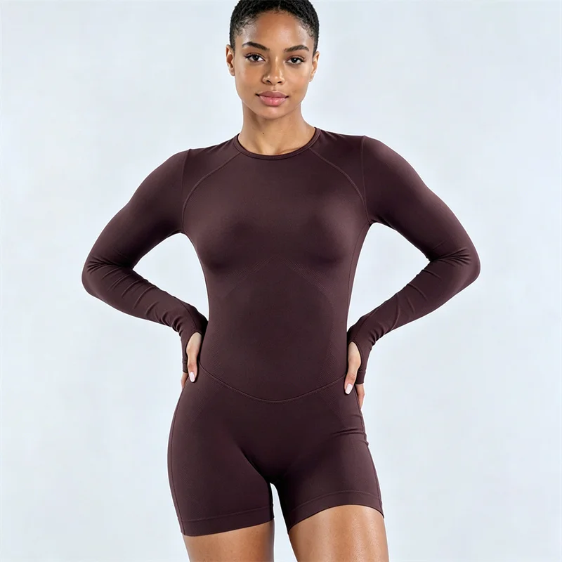 SVEIC SeamFlow Impact Long Sleeve Yoga Jumpsuit Seamless Open Back Fitness One-Piece Bodysuit Short Sport Workout Gym Wear Women