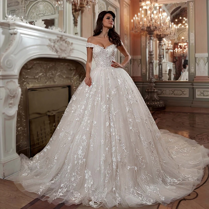 

VLLUSISA V-neck Off-shoulder Bridal Gown Beading Lace Princess Ball Gown Wedding Dress