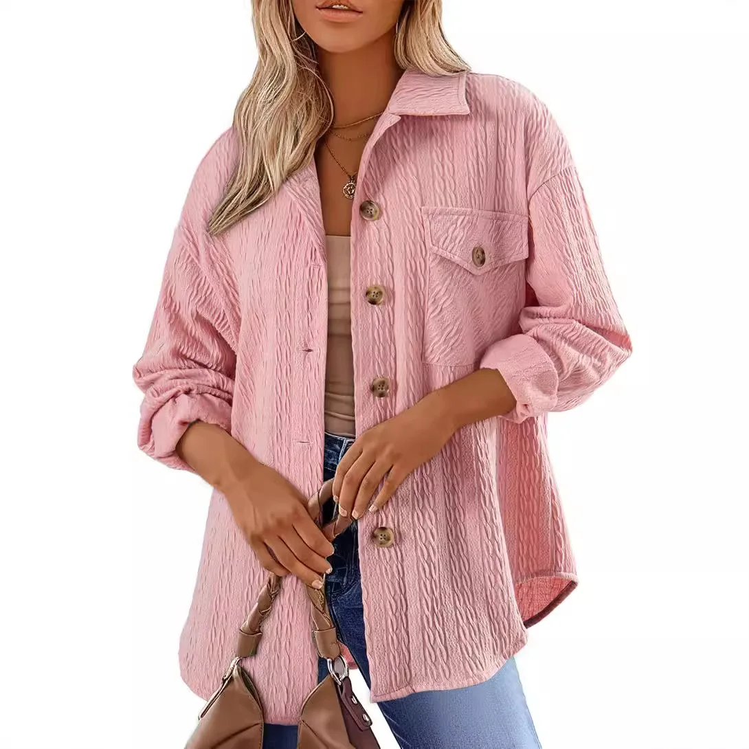 Women's Solid Color Long Sleeve Jacket Turn Down Collar Button Coat Tops with Pocket Female Loose Fit Fashion Casual Outerwear