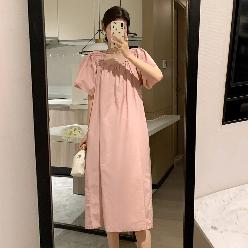 summer-maternity-dress-loose-bubble-sleeve-square-collar-midi-length-new-2025-fashionable-maternity-clothing-casual-style