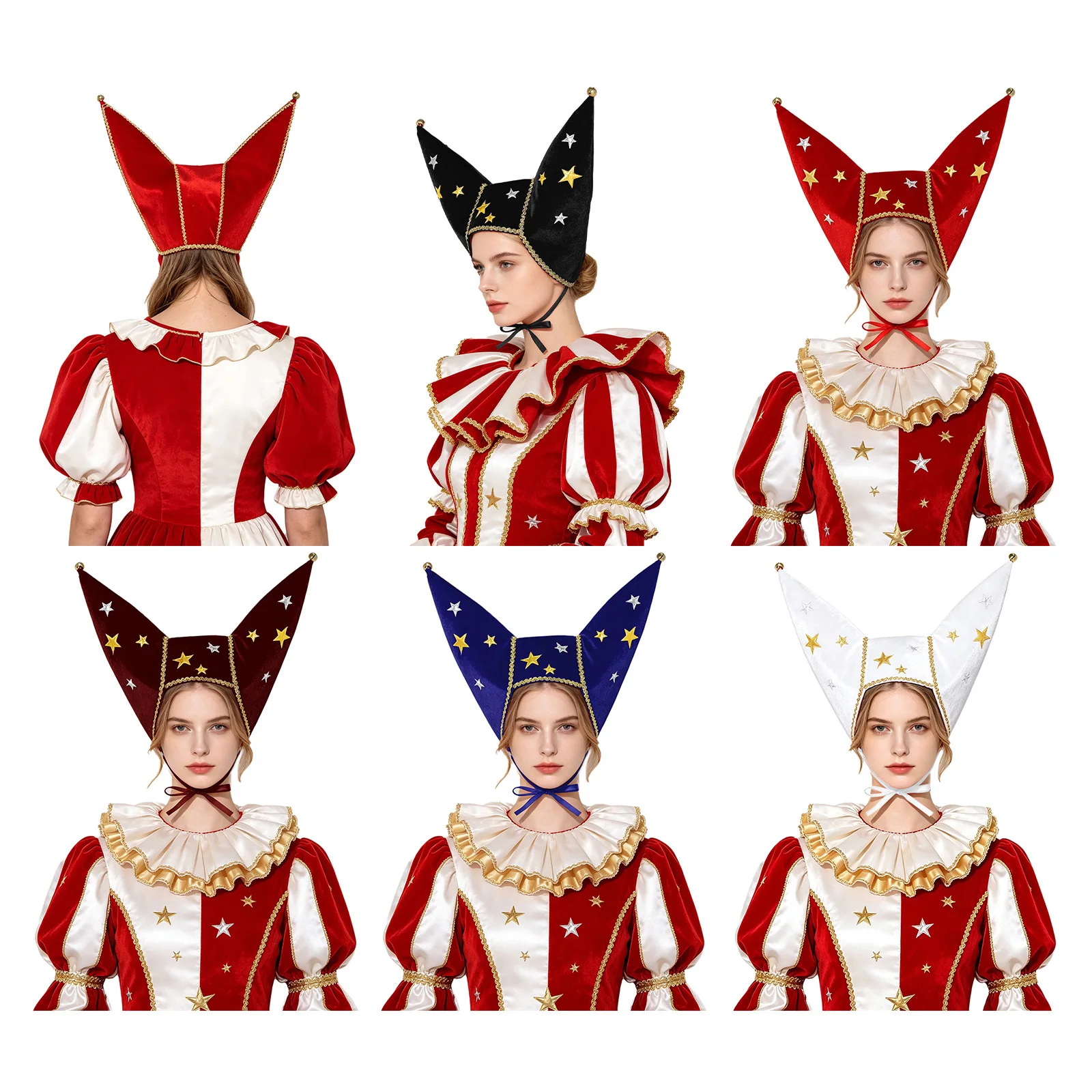 Adults Carnival Circus Costume Accessory Halloween Party Clown Dress-up Hat Metallic Stars Velvet Jester Cap with Bells