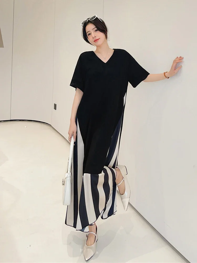 2025 Summer New Korea Dresses For Women Vestidos Robe Elbise Loose Plus Size Patchwork Silk Velvet Stripe Long Dress