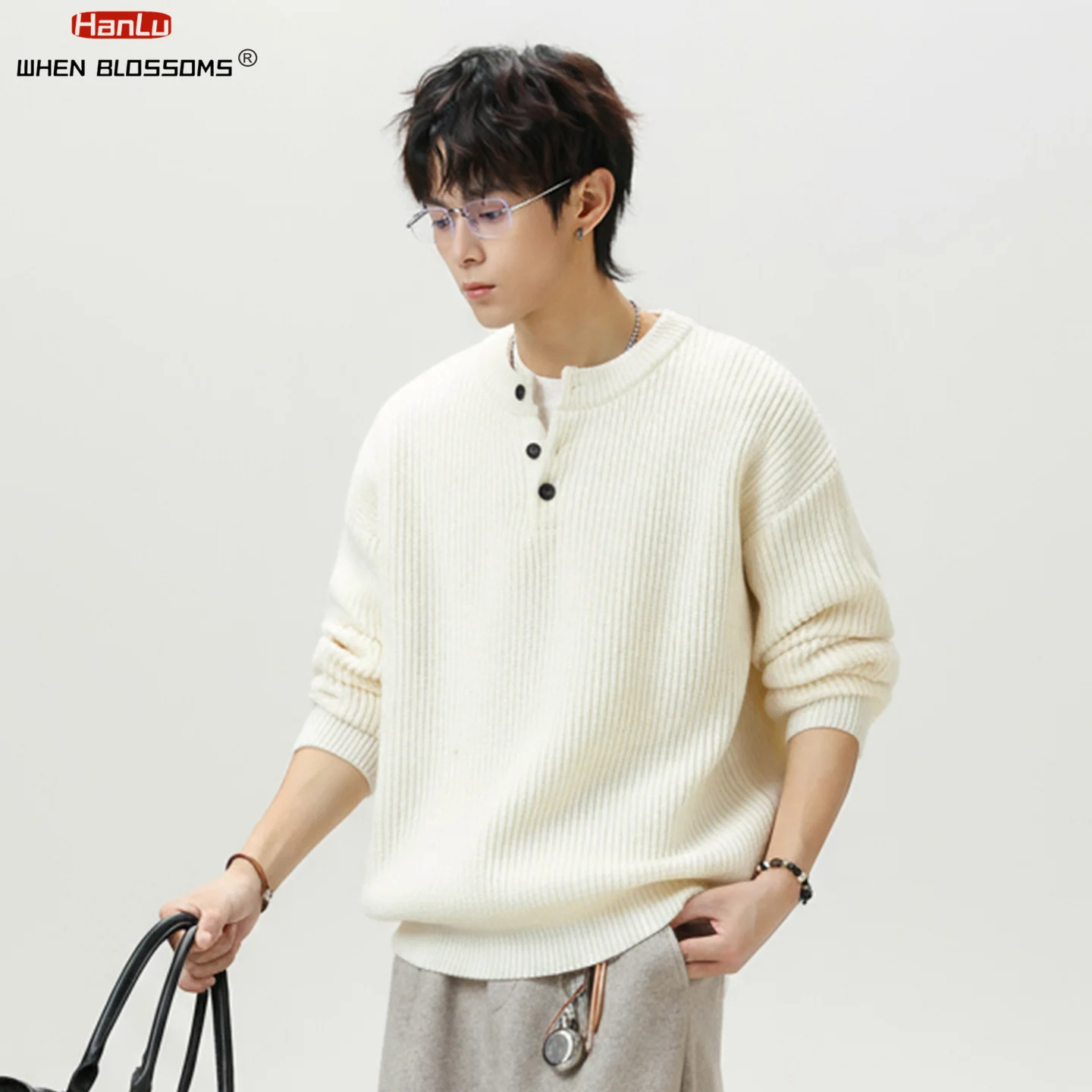 

HANLU 2025: мужской винтажный вязаный свитер с вырезом на пуговицах, тяжелый текстурированный пуловер, зимний термотоп с круглым вырезом