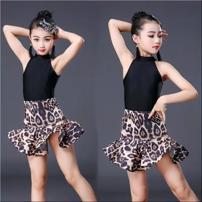 Vestido de dança latina profissional para meninas, vestidos de dança de salão para crianças, saia com estampa leopardo, samba tango