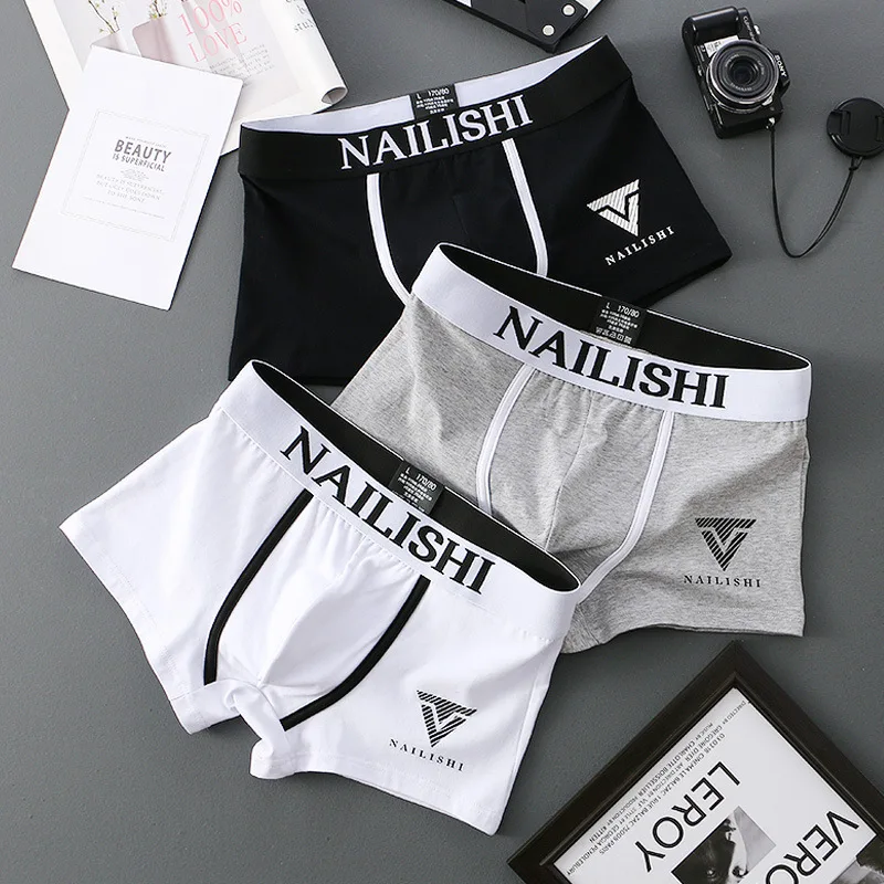 Men's Cotton Underwear, Comfortable and Breathable, Youth Boxer Briefs with Letters, Mid-Waist Square Shorts, Men's Underwear