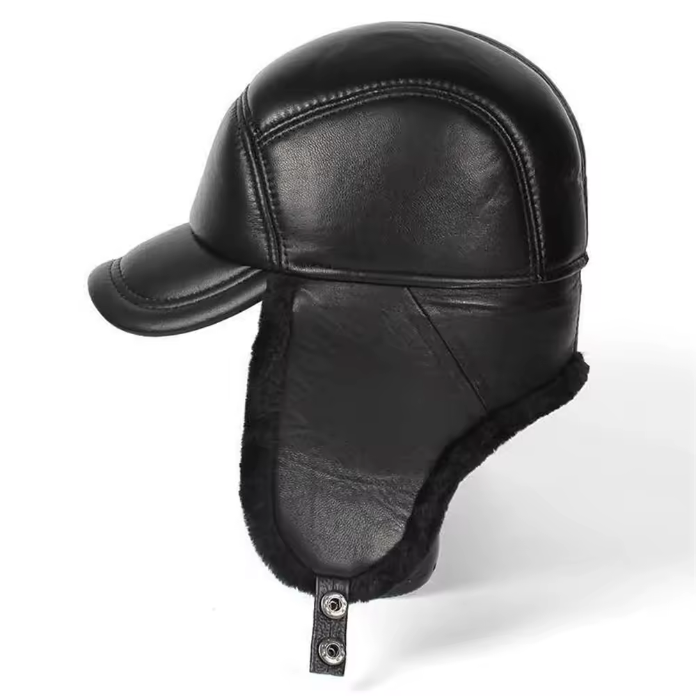 חורף כובע גברים אמיתי עור כבש מפציץ כובע Earflap שחור חם עבה סקי שלג Windproof זכר רוסית כובע