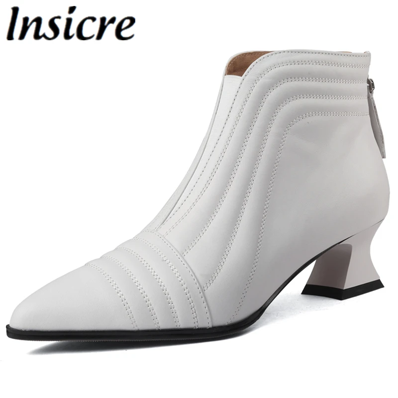 

Insicre 2025 Fashion Women's Ankle Boots Pointed Toe Cow Leather Thick Mid Heels Zipper Sewing Handmade Winter Shoes