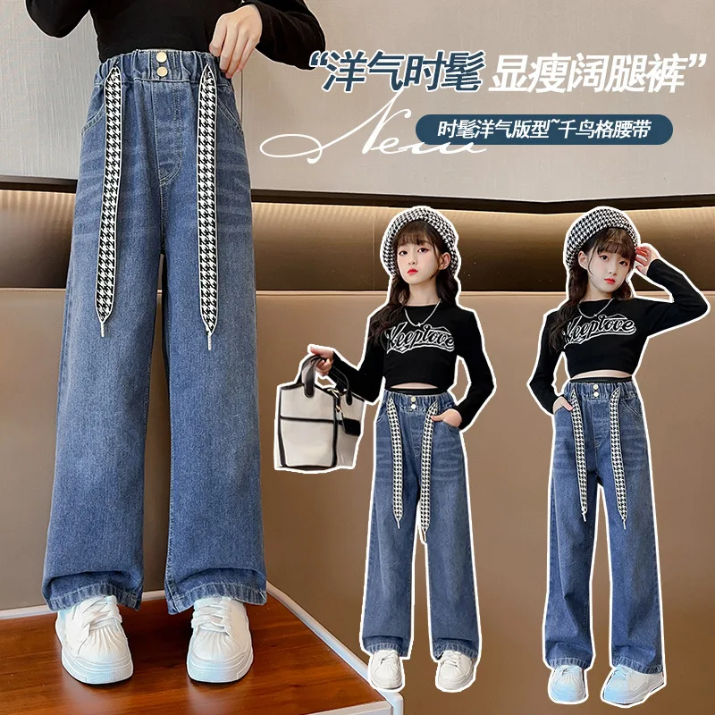 Girls Jeans Spring/Autumn New Loose Straight Pants for Children 10 12 13 14 Years Blue Teenage School Kids Casual Denim Trousers