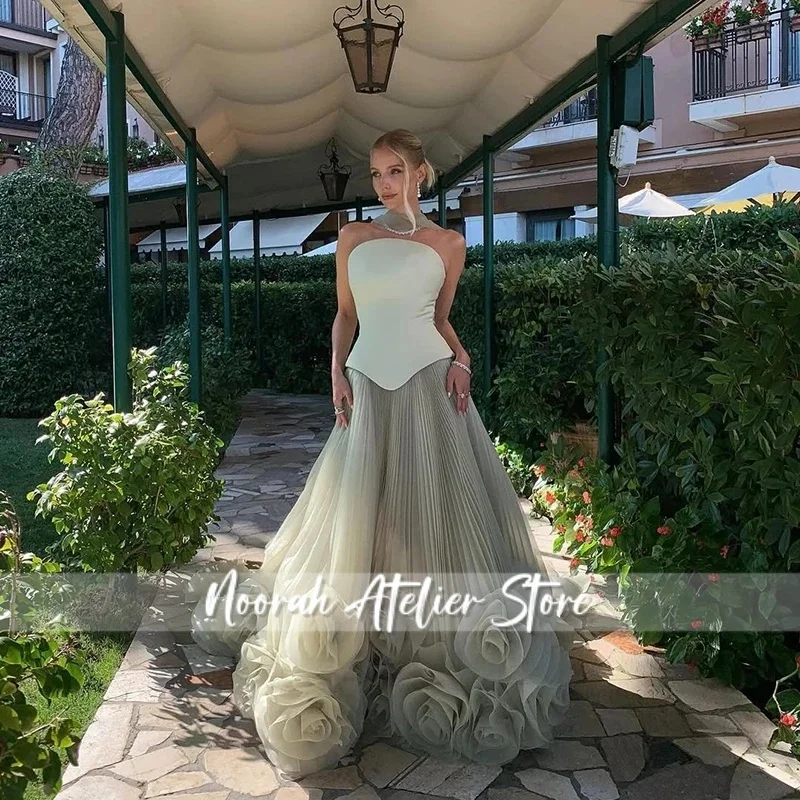 Elegant สีเขียวดอกไม้ Tulle ชุดราตรีซาติน Aline Saudi Arabric มุสลิมอย่างเป็นทางการโอกาส Vestidos De Fiesta Noche ที่กําหนดเอง