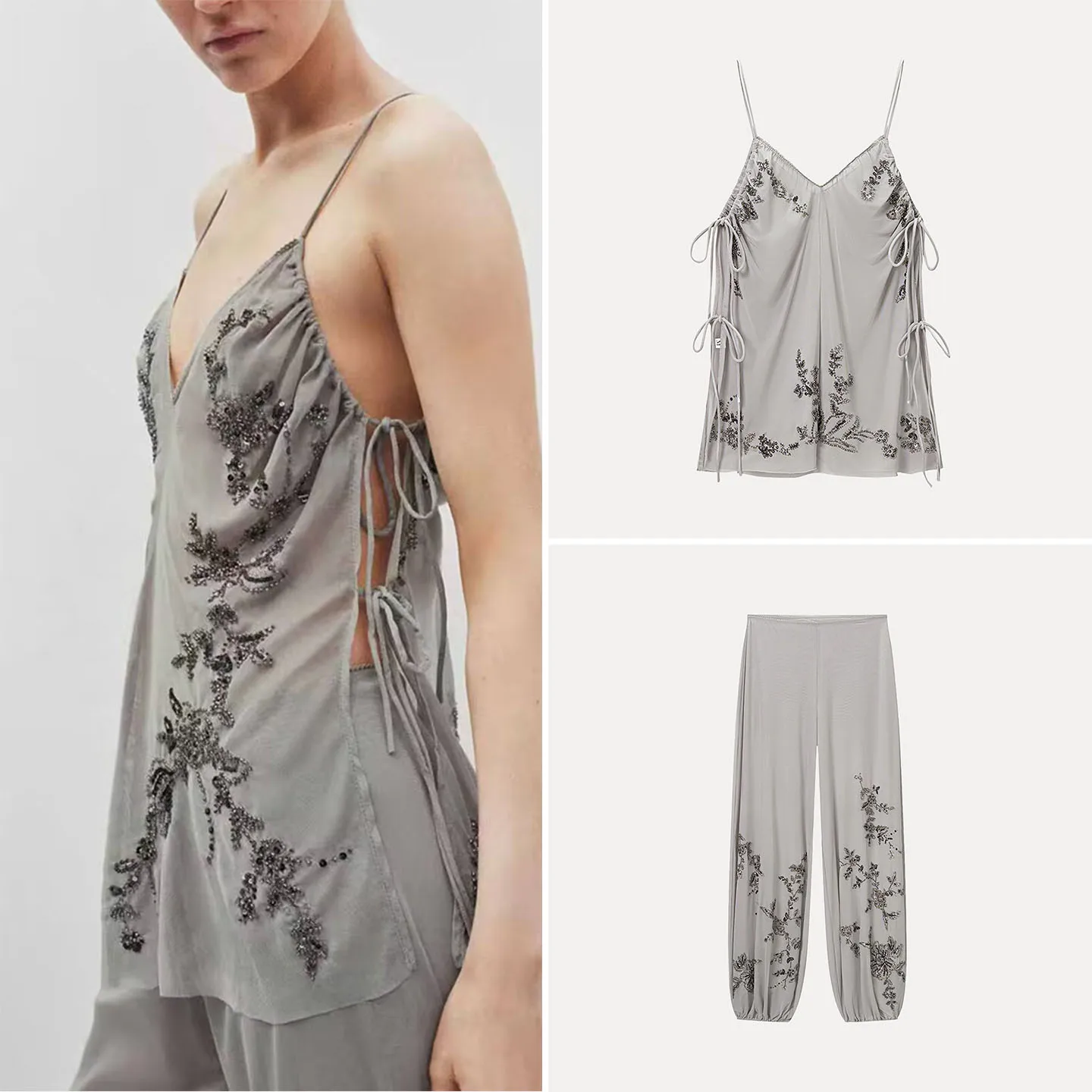 Fashionable Beaded Embroidered Strap Top And Long Pants Women's Set Summer Season Floral Pattern Personalized Style 2026 New ...