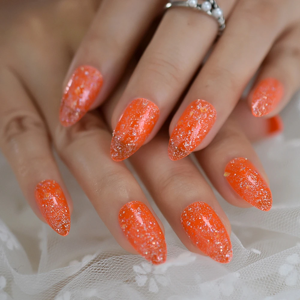 Orange glitzernde Stiletto-Kunstnägel Jelly Neon Medium Press On Fingernägel Transparente Spitzen Full Cover 24