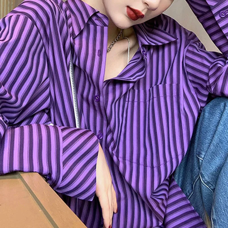 Women\'s New Fashion Vintage Striped Long Sleeve Shirt Female Clothing All-match Casual Buttons Turn-down Collar Loose Blouse