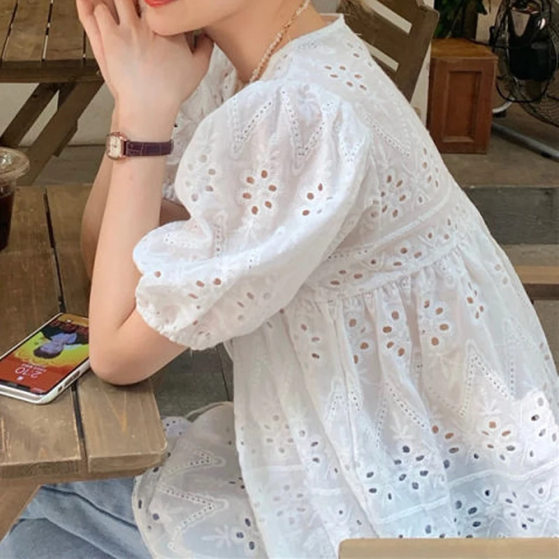 Summer Short Puff Sleeve Lace Blouse French Style Women Loose Casual Ruffle V-neck Lace-up Belt White Shirt Hollow Flower Tops