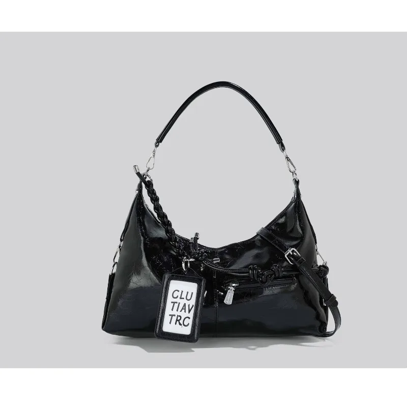 2026 CEEKAY Glossy Leather Hobo Bag Y2K Street Style Shoulder Bag with Letter Tag Trendy Handbag for Women Letter Tag Handbag