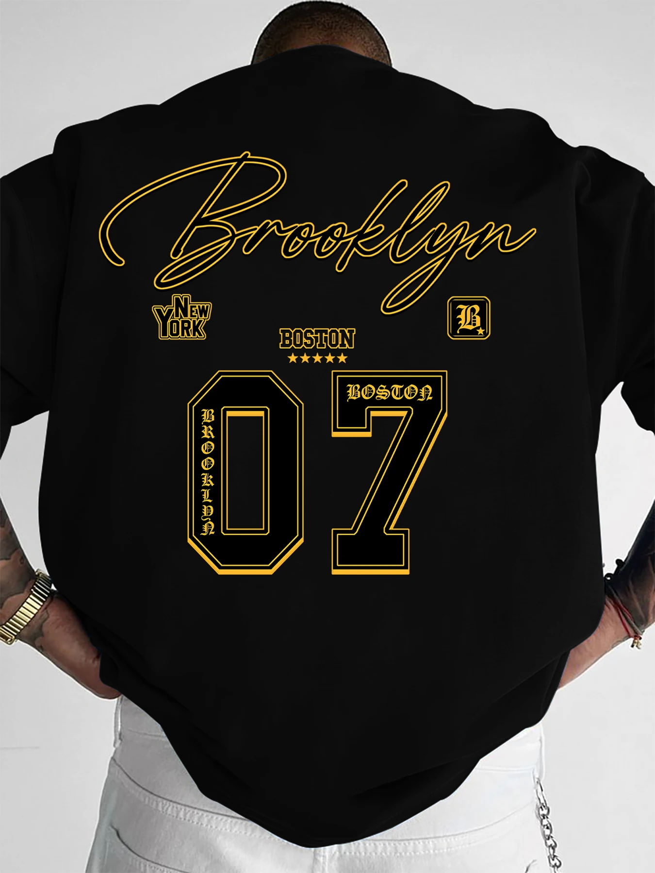 Men's Loose Fit T-Shirt,Brooklyn Print + Boston New York Mini Badge Large 07 Number Print,Trendy Varsity Streetwear,S-XXL