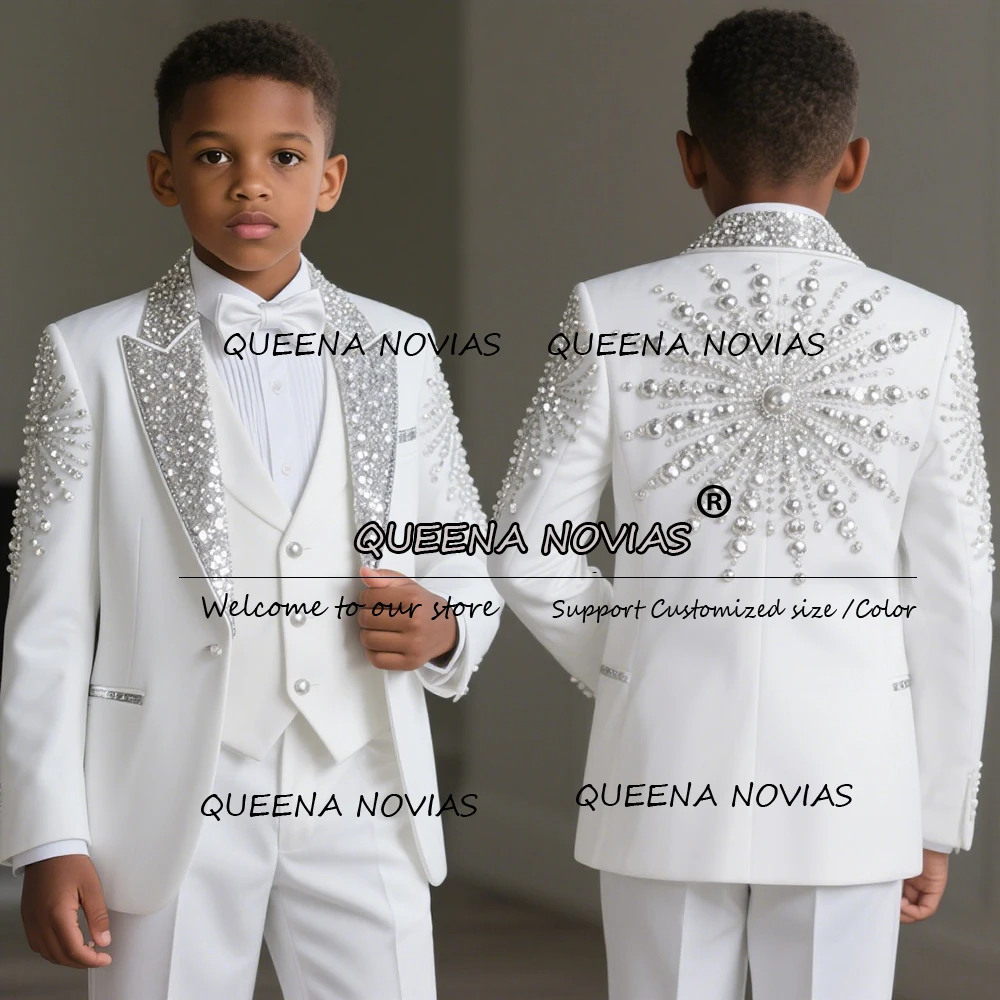 화려한 크리스탈 비즈 장식 소년 정장 3피스 세트 실버 스팽글 라펠 프롬 어린이 블레이저 맞춤형 키즈 턱시도 웨딩용