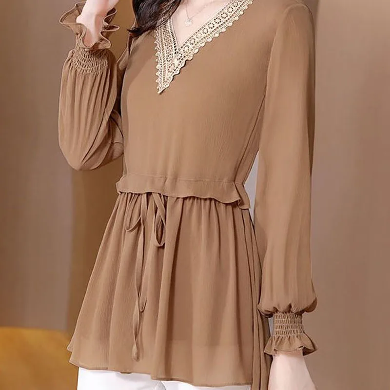 V-Neck Fashion Elegant Solid Color Chiffon Shirt Women\'s Clothing Pullovers Loose Casual Female Spliced Lace Up All-match Blouse